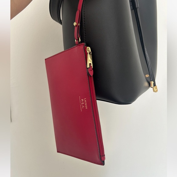 Ralph Lauren Black Leather Drawstring Shoulder Bag with Red Interior